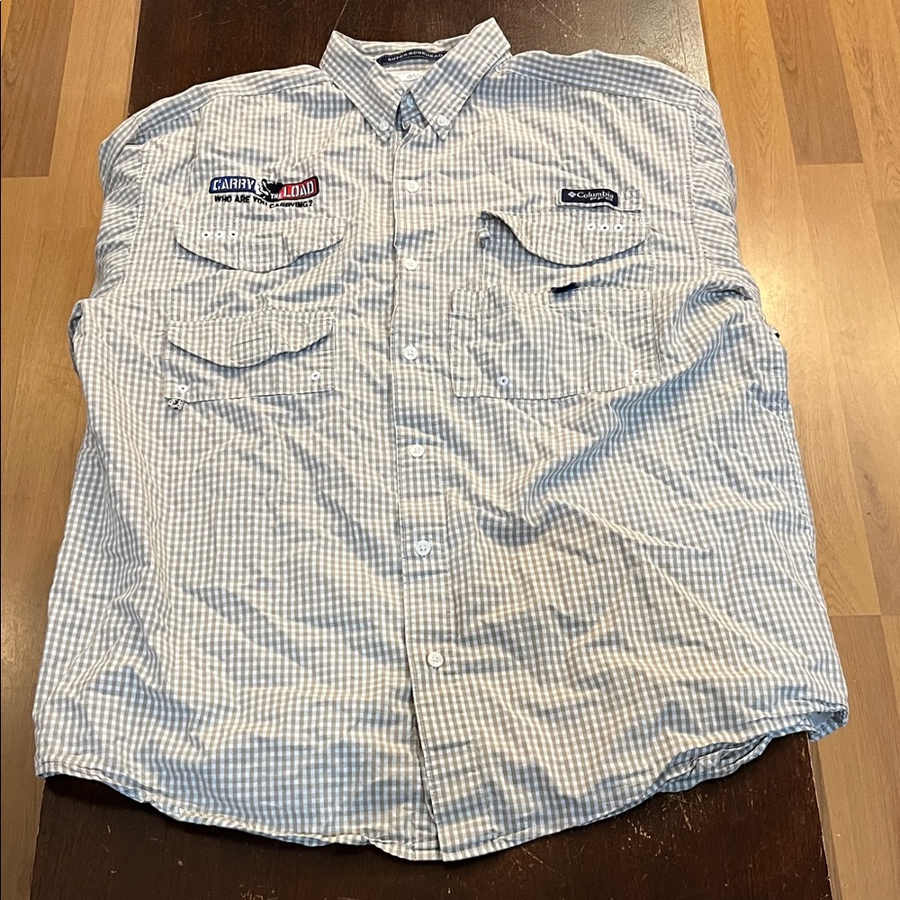 Columbia PFG Omni-Shade Veteran Carry the Load Light Blue Gingham Button-Down